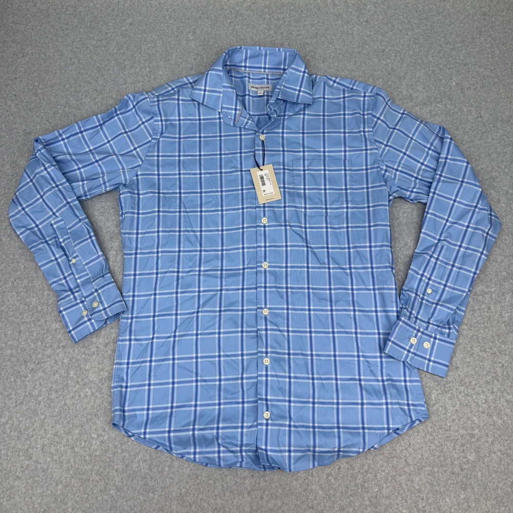 Peter Millar Crown Sport Mens Blue Plaid Button Down Shirt MS25W13LTS Size M NWT